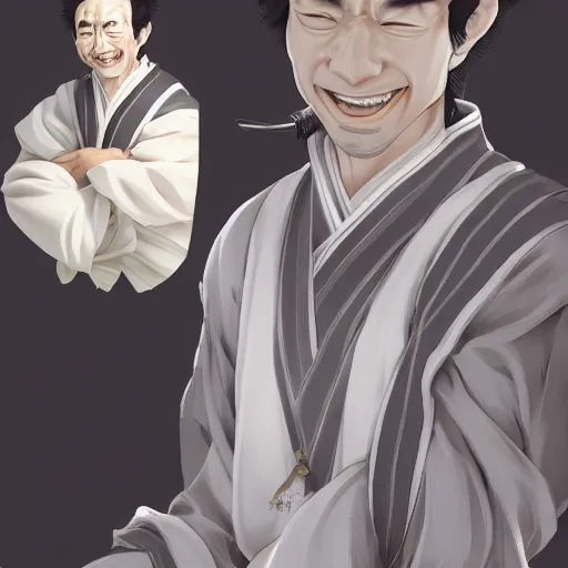 Prompt: photography of a smiling middle aged taoist priest in grey looks like zun long, anime waifu style character, clean soft lighting, backlit handsome face, clean brush stroke, 8 k character concept art, by wlop and artgerm, 3 d, yoji shinkawa