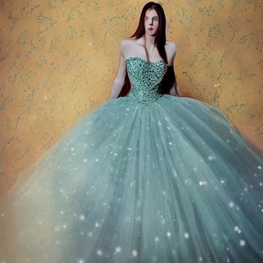 Image similar to Stunning photograph of a model wearing magnificent and ethereal ball gown inspired by Van Gogh's Starry Night. Studio lighting