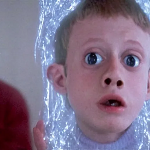 Image similar to kevin from movie home alone sitting in a basement and all body covered by spider webs