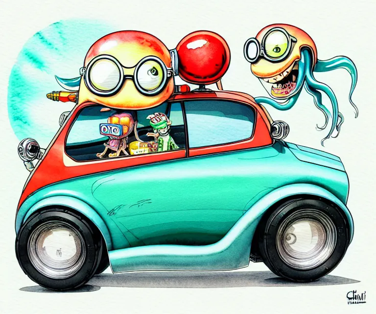 Prompt: cute and funny, cartoon squid wearing goggles riding in a tiny hot rod with oversized engine, ratfink style by ed roth, centered award winning watercolor pen illustration, isometric illustration by chihiro iwasaki, edited by range murata, tiny details by artgerm and watercolor girl, symmetrically isometrically centered