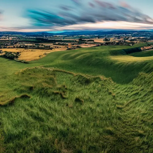 Prompt: panorama of a photorealistic grassland with a medieval village, 4 k, 8 k, cinematic photography, landscape photography