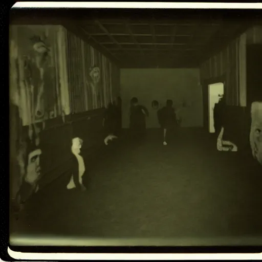 Prompt: a dark room filled with shadow people looking at the camera, horror, nightmare, terrifying, surreal, nightmare fuel, old polaroid, blurry, expired film, lost footage, found footage,