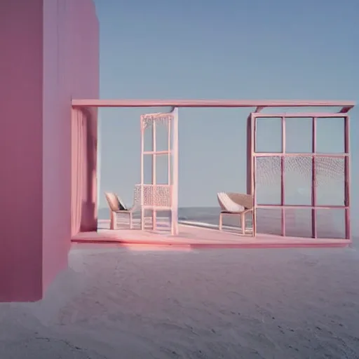Prompt: An ultra high definition, professional photograph of an outdoor partial IKEA showroom inspired sculpture located on a pastel pink beach ((with pastel pink, dimpled sand where every item is pastel pink. )) The sun can be seen rising through a window in the showroom. The showroom unit is outdoors and the floor is made of dimpled sand. The showroom unit takes up 20% of the frame. A square dot matrix sign displays an emoji somewhere in the scene. Morning time indirect lighting with on location production lighting on the showroom. In the style of wallpaper magazine, Wes Anderson.