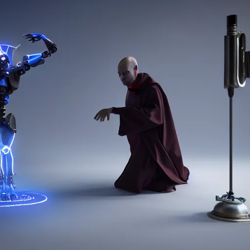 Prompt: a priest performing an exorcism on a I Robot by mario feng ray tracing, master shot, octane render, 8k, ultra hd, perfect light