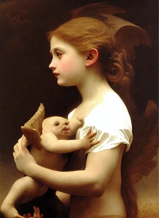 Image similar to a young girl holding the head of a monster, flying in the sky surrounded by angels, extremely realistic and highly detailed painting by william - adolphe bouguereau and caravaggio, soft light, gold ratio