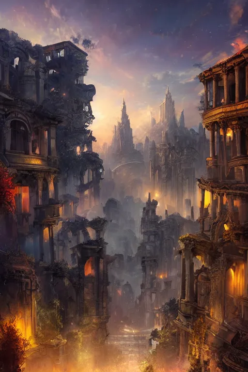 Image similar to beautiful matte painting street art fantasy ruins skyline background painted, intricate, volumetric lighting, beautiful, rich deep colors masterpiece, sharp focus, ultra detailed by