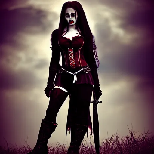 Prompt: photo of a real-life beautiful female vampire warrior