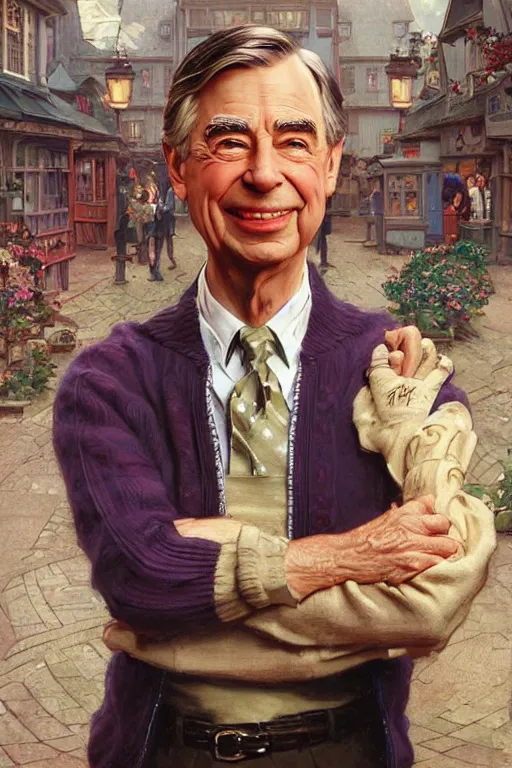 Image similar to mister rogers portrait, intricate, by stanley artgerm lau, greg rutkowski, thomas kindkade, alphonse mucha, loish, norman rockwell