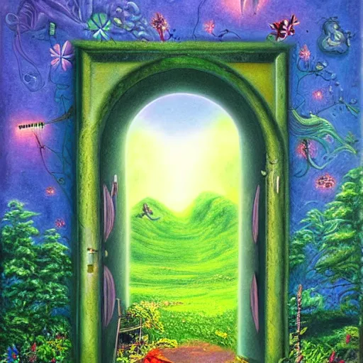 Prompt: A magical Doorway to the land of the pixies , surrealism,