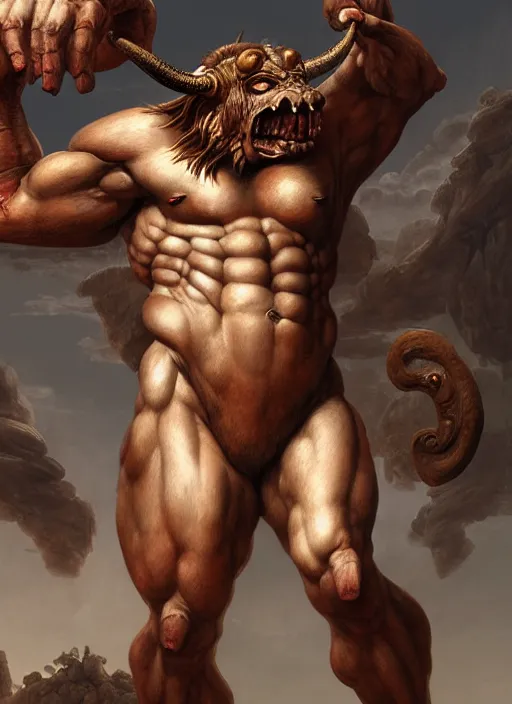 Prompt: painting of the monstrous minotaur, d & d, gruesome, classical, fantasy, intricate, highly detailed, digital painting, artstation, concept art, smooth, sharp focus, illustration, art by artgerm and michelangelo and nicolas poussin