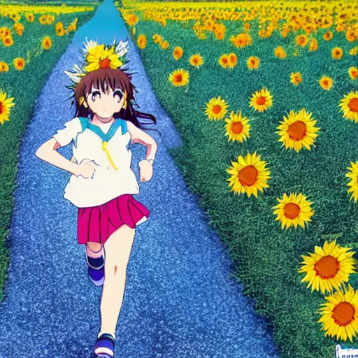 Prompt: Anime young girl in the style of Kyoto Animation running through a field of sunflowers