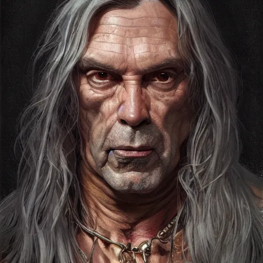 Image similar to portrait of greasy strangler, soft hair, muscular, half body, leather, hairy, d & d, fantasy, intricate, elegant, highly detailed, digital painting, artstation, concept art, smooth, sharp focus, illustration, art by artgerm and greg rutkowski and alphonse mucha