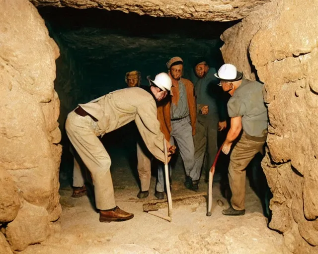 Image similar to vintage 3 5 mm color photo of a team of archaeologists opening up a sarcophagus in an egyptian tomb