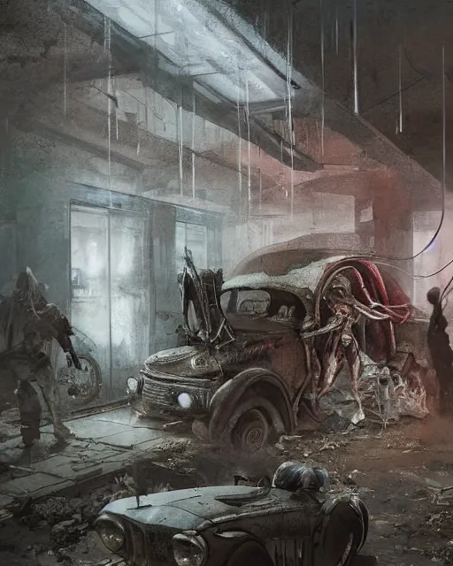 Image similar to a highly detailed epic cinematic concept art CG render digital painting artwork: old dead couple at a decayed gas station surrounded by dark figures. By Greg Rutkowski, in the style of Francis Bacon and Syd Mead and Norman Rockwell and Beksinski, open ceiling, highly detailed, painted by Francis Bacon and Edward Hopper, painted by James Gilleard, surrealism, airbrush, Ilya Kuvshinov, WLOP, Stanley Artgerm, very coherent, triadic color scheme, art by Takato Yamamoto and James Jean