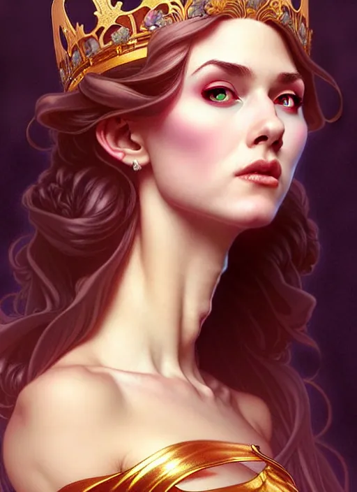 Image similar to rolyatistaylor!!! as queen, incredibly detailed face, pretty face, light dress, true anatomy, art by artgerm and greg rutkowski and alphonse mucha