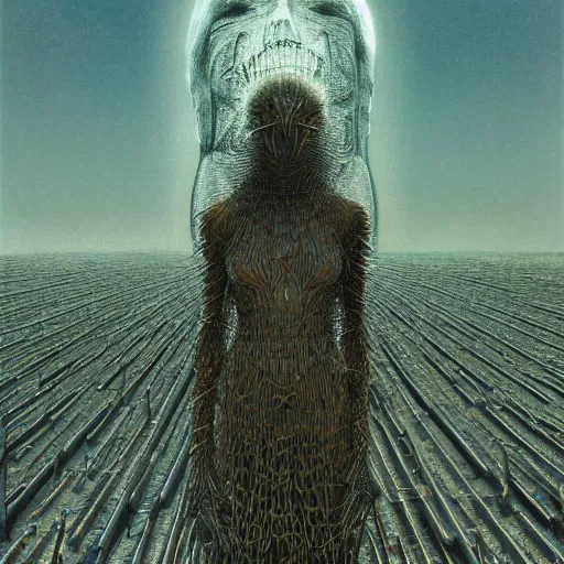 Image similar to Woman, spiky crystals, wide shot, shiny, flat background, glowing, wires everywhere, by Edgar Maxence and Ross Tran, Zdzisław Beksiński, and Michael Whelan, distant, gustav dore, H.R. Giger, 8k, octane render