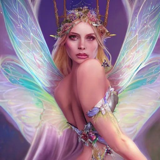 Image similar to detailed portrait of a fairy queen with wings wearing a magic silk robe, pixie, iris, realism, emerald, galaxy, sapphire,blonde hair going down to the floor, moonlit, wearing a bejeweled mask, dark fantasy, dramatic lighting, cgsociety, artstation