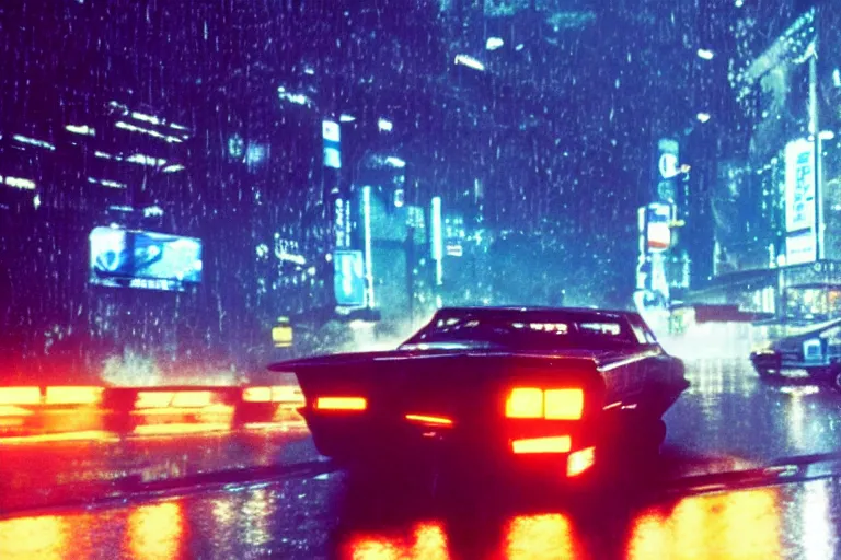 Prompt: a single knight rider, speeding down tokyo highway in the rain, night time, neon lights, thunderstorm, movie still from the film bladerunner