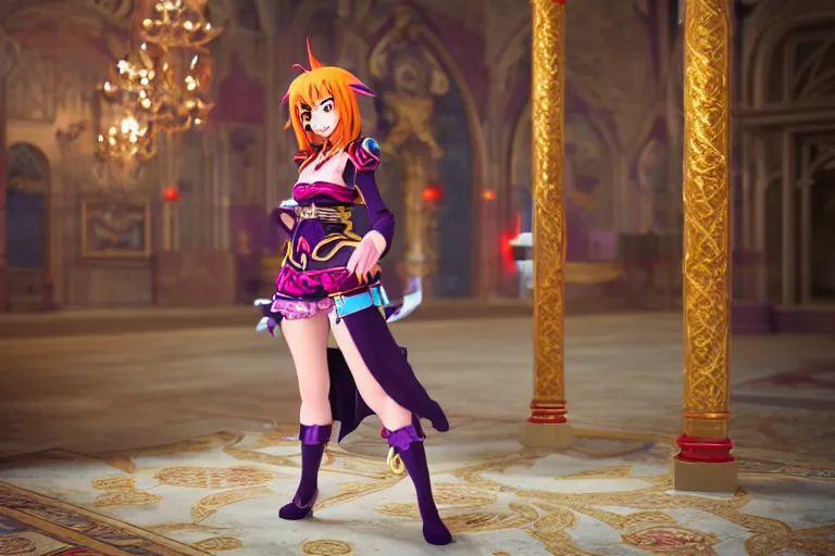 Image similar to character Lina Inverse from anime Slayers (1995 – 2009), rendered in Cinema 4D and Octane and Unreal Engine 5, hyperrealism, full body photogenic shot, digital render, cinematic lighting ornate earrings, 8k resolution, masterpiece work