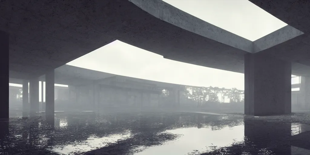 Prompt: brutalist architecture abandoned hospital, surrounded by lush green forest and murky ponds of water, stunning volumetric lighting, sundown, stunning skies, trending on Artstation, 8k, photorealistic, hyper detailed, unreal engine 5, IMAX quality, cinematic, epic lighting, cryengine, octane render, gloomy, foggy, dark