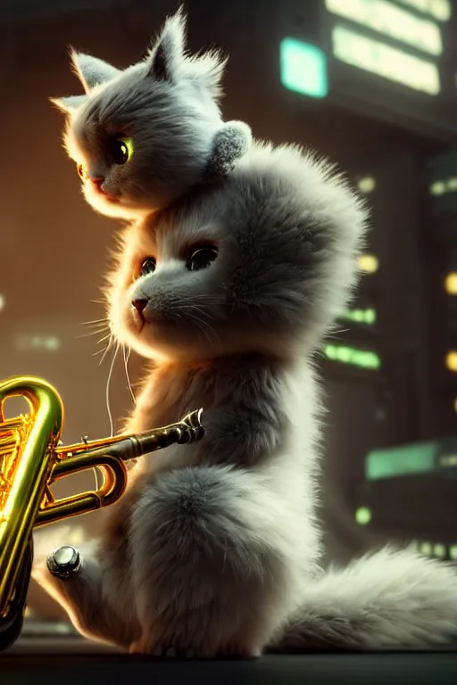 Image similar to high quality 3 d render very cute fluffy cyborg!! cat plays trumpet, cyberpunk highly detailed, unreal engine cinematic smooth, in the style of blade runner & detective pikachu, hannah yata charlie immer, moody light, low angle, uhd 8 k, sharp focus