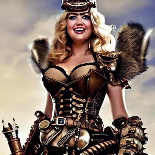 Prompt: full body photo of kate upton as a steampunk valkyrie warrior