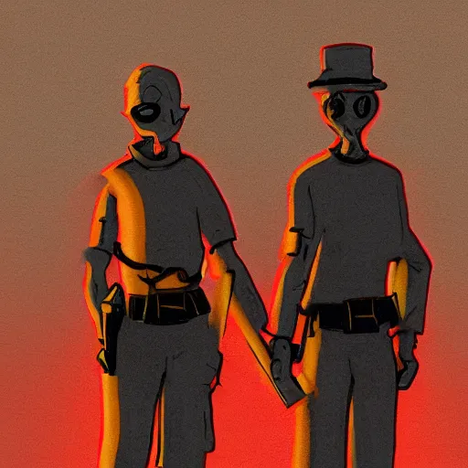 Prompt: zombie security officers with a glowing red aura in beige uniforms in a brutalist office setting trending on artstation digital painting