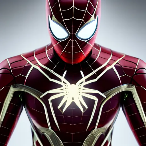 Image similar to still photo of iron spider, highly detailed, photorealistic portrait, bright studio setting, studio lighting, crisp quality and light reflections, unreal engine 5 quality render