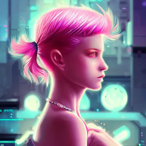 Image similar to teen elf, cyberpunk, pink hair, gorgeous, amazing, elegant, intricate, highly detailed, digital painting, artstation, concept art, sharp focus, illustration, art by ross tran