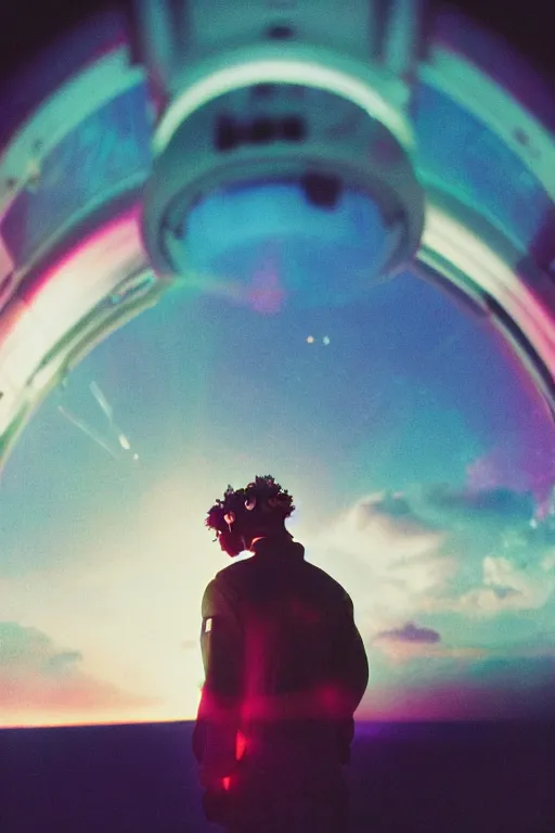 Image similar to agfa vista 4 0 0 photograph of a meso american guy on a spaceship, ancient yet futuristic, synth vibe, vaporwave colors, lens flare, flower crown, back view, moody lighting, moody vibe, telephoto, 9 0 s vibe, blurry background, grain, tranquil, calm, faded!,