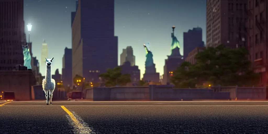 Image similar to a llama walking through a desolate manhattan city street at night, statue of liberty seen in the background, realistic 4 k octane beautifully detailed render, 4 k post - processing, highly detailed, detailed face, intricate complexity, epic composition, magical atmosphere, cinematic lighting, masterpiece, color picture, ultra hd