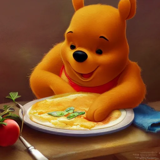 Image similar to president winnie the pooh eating lasagne, award winning photography, extremely detailed, artstation, 8 k, sensual lighting, incredible art, wlop, artgerm