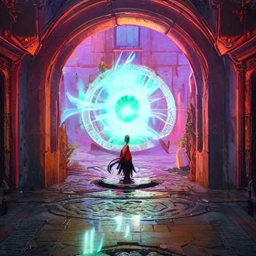 Image similar to A female tiefling, stepping through a portal from another dimension into a palace courtyard, neon flames, dramatic lighting, fantasy art by Greg Rutkowski