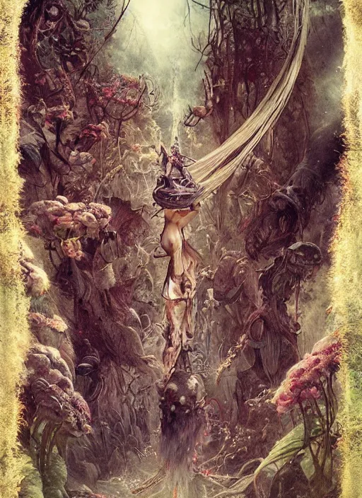 Image similar to Alice in Wonderland catepillar hanged man Tarot card,highly detailed,cinematic,8k,by Stanley Artgermm,Tom Bagshaw,Greg Rutkowski,Carne Griffiths, Ayami Kojima, Beksinski, Giger,trending on DeviantArt,hyper detailed,horror, full of colour