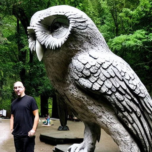 Image similar to alex jones at the bohemian grove. giant owl statue.