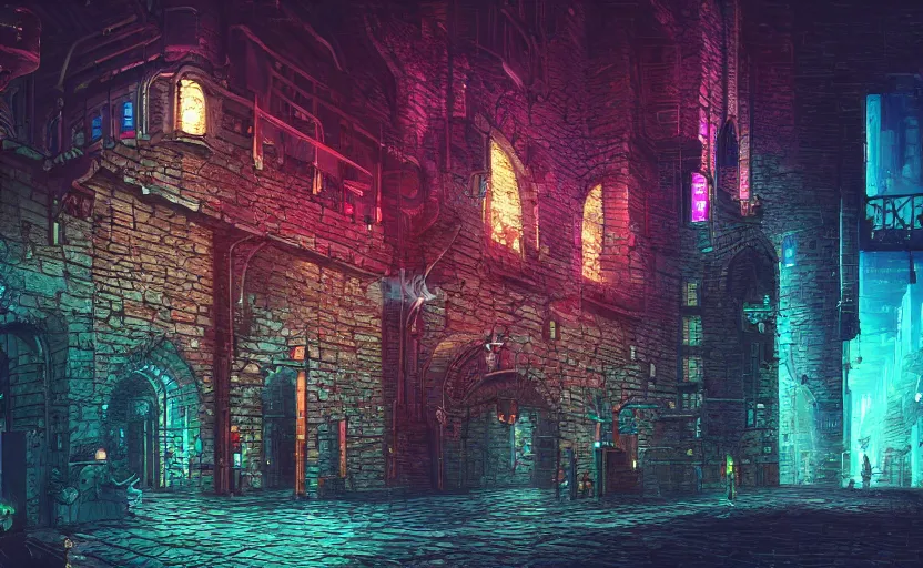 Prompt: a cyberpunk medieval castle, stone brick walls, vincent lefevre, neon lights, fantasy art, sci - fi, pedestrians