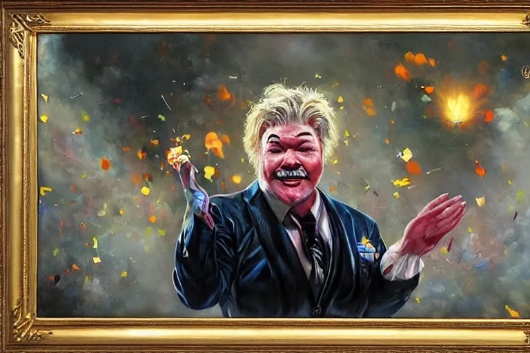 Image similar to portrait of rip taylor throwing confetti during a funeral service, an oil painting by ross tran and thomas kincade