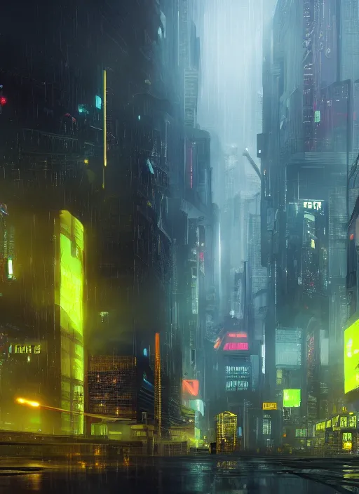 Prompt: a cyberpunk city, raining, mist by Denis Villeneuve, Trending on artstation, yellow scheme, 8k, wide-angle lens