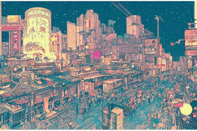 Image similar to a scene of a bustling fantasy city, risograph, retro fantasy style, victo ngai, moebius, studio ghibli