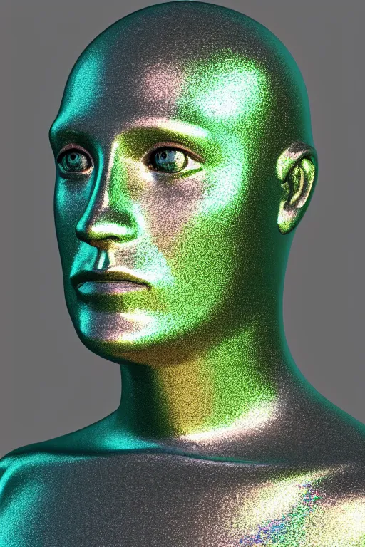 Image similar to 3d render of holographic human robotic bust made of glossy iridescent, bust, surrealistic 3d illustration of a human non-binary, non binary model, 3d model human, cryengine, made of holographic texture, holographic material, holographic rainbow, concept of cyborg and artificial intelligence