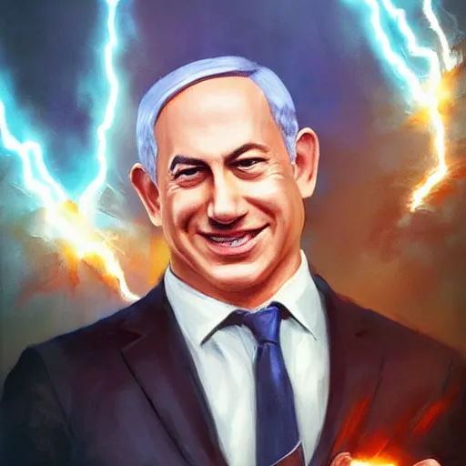 Image similar to portrait of benjamin netanyahu grinning while holding lightning bolts, by artgerm and greg rutkowski