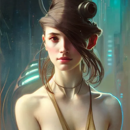 Image similar to portrait of beautiful girl with robot body by artgerm and greg rutkowski and alphonse mucha, close up, portrait, cinematic, elegant, artstation, intricate, highly detailed, digital painting, artstation, concept art, sharp focus, illustration, cyberpunk, cgsociety, 8 k