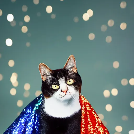 Image similar to a high - quality photo of a cat wearing a sequined designer cape, hyperrealistic, textured, animal portrait, dark rainbow, bokeh, f 2. 8