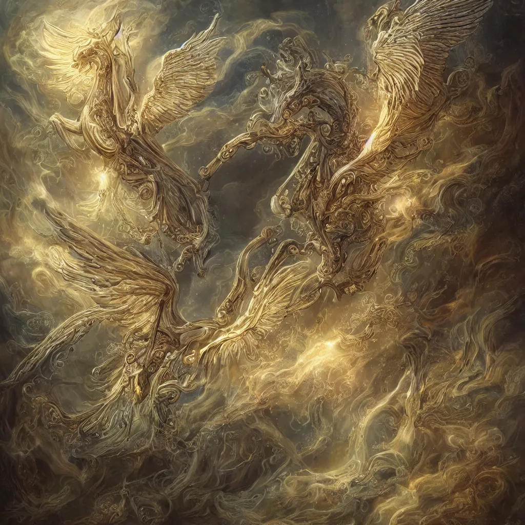 Image similar to a beautiful magestic pegasus made of magical elven intricate biomechanical terndrils and leaves and feathers and gemstones flying through a mystical sky of incence smoke and glowing embers and clouds, by George Stubbs, by donato giancola, by amanda sage, by beeple, particle effects, intricate detail, trending on cgsociety, trending on artstation, 8k 3d, high definition