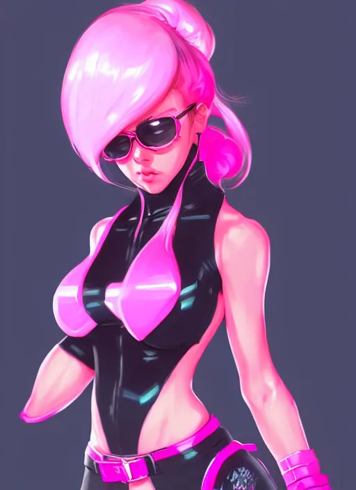 Prompt: female boss, wide angle view, neon pink and black color scheme, highly detailed, artgerm, cushart krenz, king of fighters style, trending on artstation, soft light, sharp focus, illustration, character design, concept art