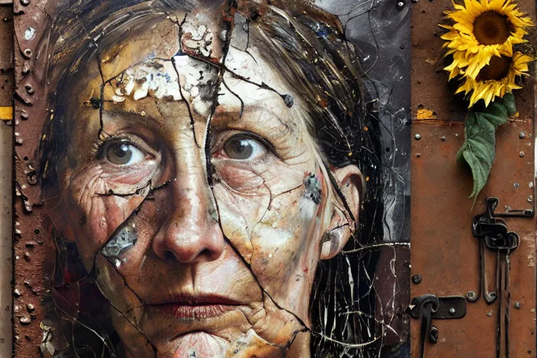 Image similar to an extreme close up portrait a very ordinary middle-aged woman with a calm expression, front angle, by Anselm Kiefer and Lucian Freud and Jenny Saville, oil painting, rust, Scaffolding, rusted metal and sunflowers, iron cladding, decay, mixed media, textured, anatomically correct, beautiful perfect face, visible brushstrokes, sharp focus, Highly Detailed, Cinematic Lighting, 8k, HD