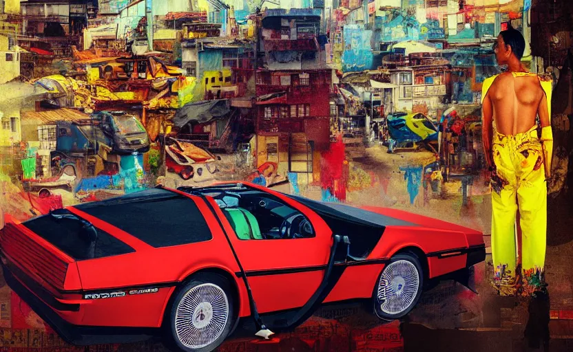 Image similar to a red and yellow delorean in ajegunle slums of lagos - nigeria, painting by hsiao - ron cheng & salvador dali, magazine collage, masterpiece.