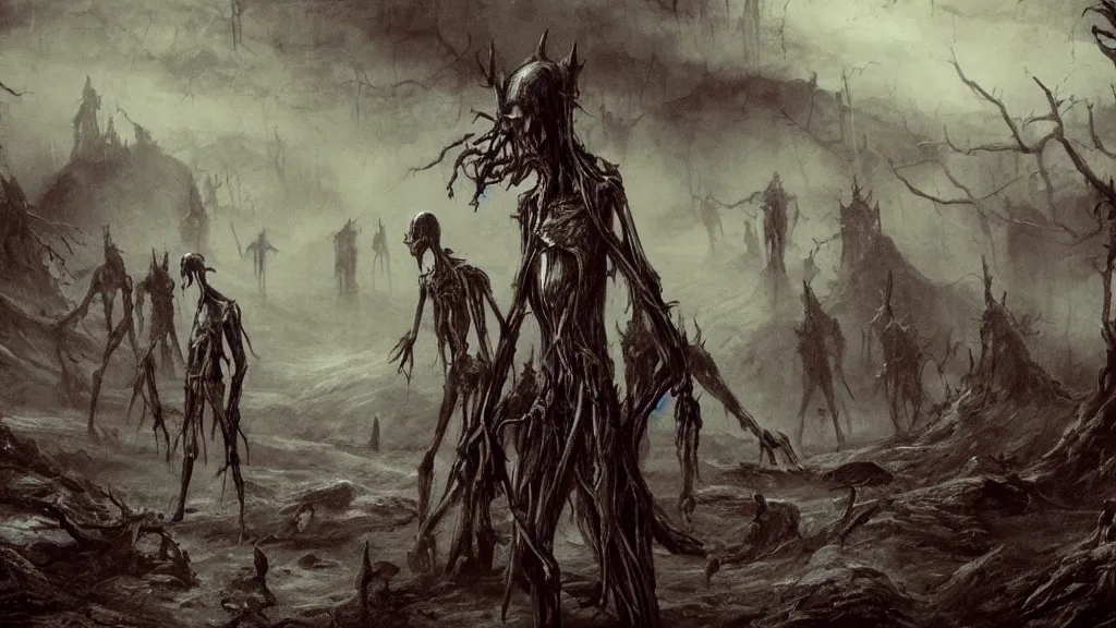 Image similar to dark detailed landscape, chilling overwhelming blood oil painting, brutal fantasy hell of unknown creatures, dreadful and creepy lifeless skinny slendermen