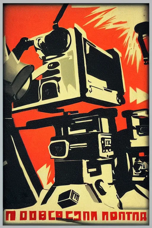 Prompt: “Film production equipment. Edit room close-up. Soviet propaganda poster in the style of Dmitry Moor”