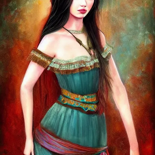 Image similar to beautiful young princess of coca, dark hair, dark eyes, fantasy painting, very painterly